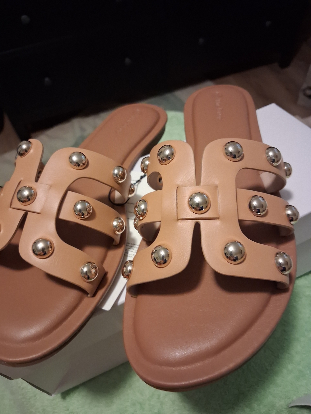 Studded Nude Tan Slide Sandals - Women's US Size 12 Casual Slip-Ons